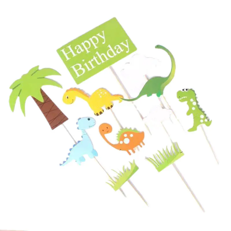 

11 Pcs Cute Dinosaur Cake Topper Coconut Tree Birthday Cake Decoration Green Grass Kids Party Supplies Cake Accessories