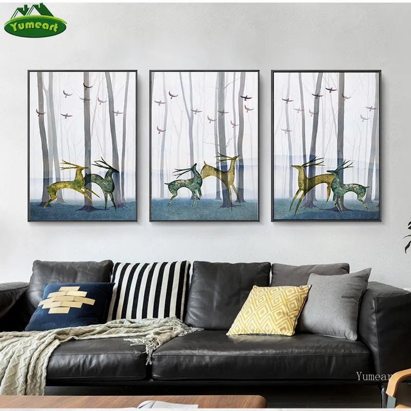 Настенная Картина на холсте для домашнего декора лес абстрактное дерево бегущие