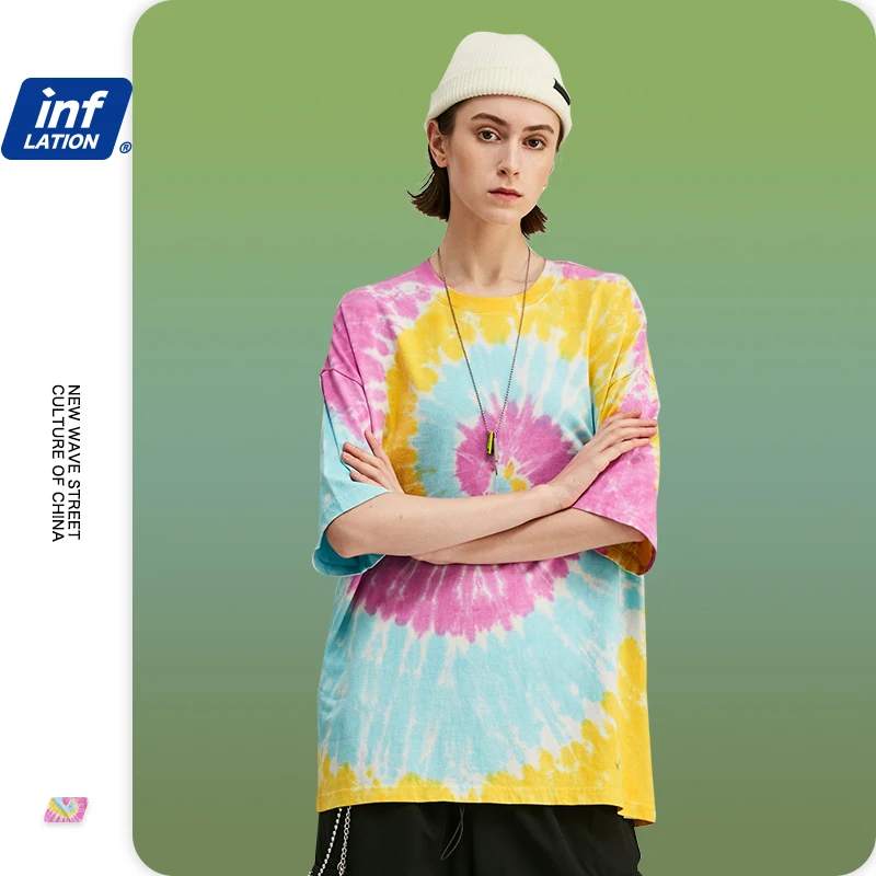 Мужская окрашенная футболка INFLATION летняя в стиле хип-хоп с круглым вырезом и
