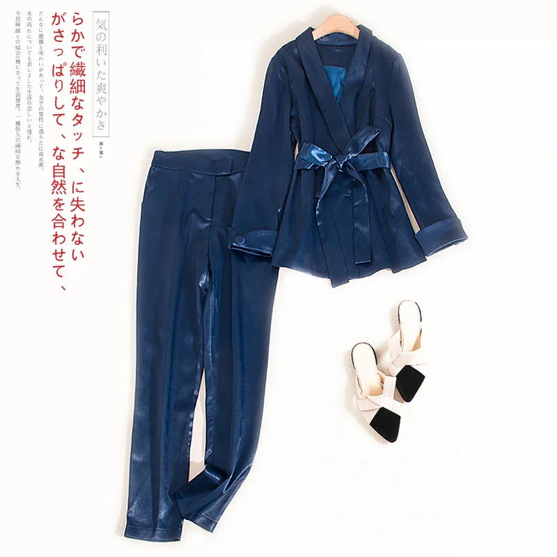 

woman 2 piece sets 2020 spring autumn vintage satin suit set OL belt shawl collar blazers + pencil pants set outfits JC294
