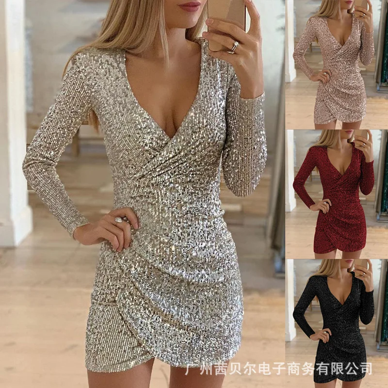 

Женское Плиссированное Платье с V-образным вырезом, длинным рукавом и блестками