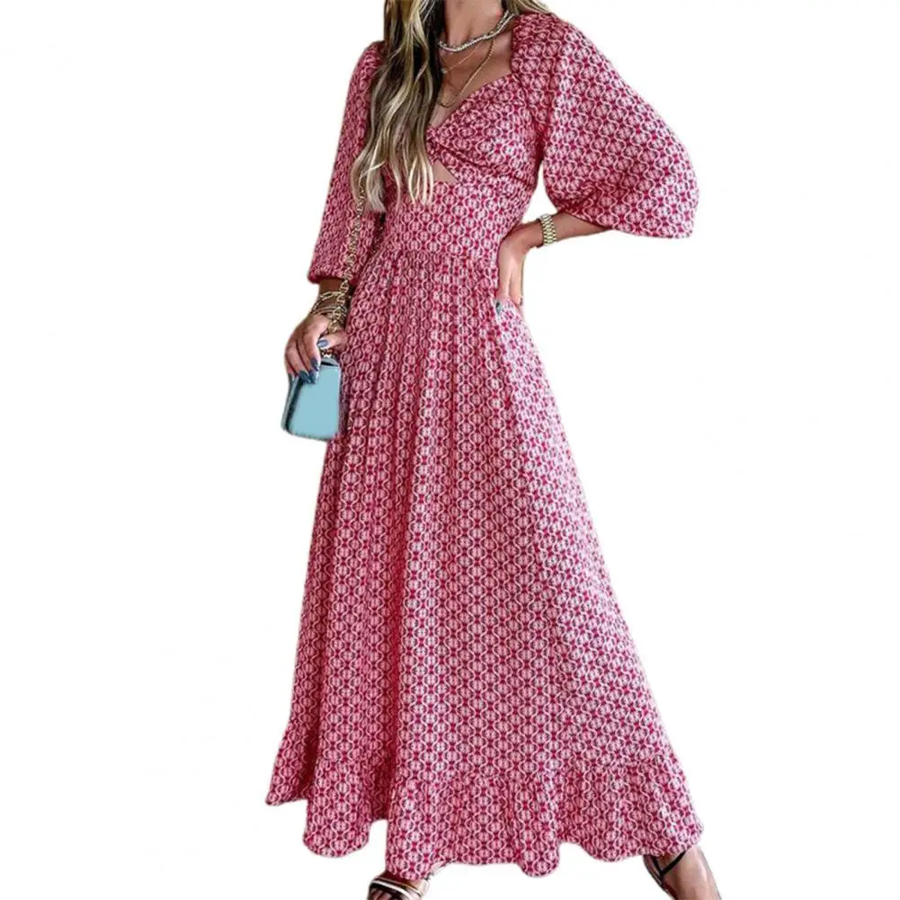 

Ladies Dress Slim Party Dress Summer Dresses Hollow Out Elastic Waist Print Dress Ethnic Printing Wide Hem Lantern Sleeve Dress