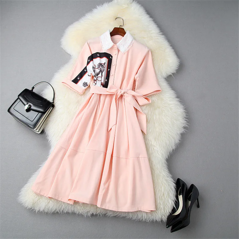 

Top Quality Designer Runway Dress Summer Woman Clothes 2020 Elegant Lace Collar Print Patchwork Aline Casual Shirt Dress Female