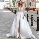 Элегантное Белое Кружевное и Атласное ТРАПЕЦИЕВИДНОЕ свадебное платье YiXuan с разрезом, V-образным вырезом и длинными рукавами 2021, официальное событие Genshin Impact