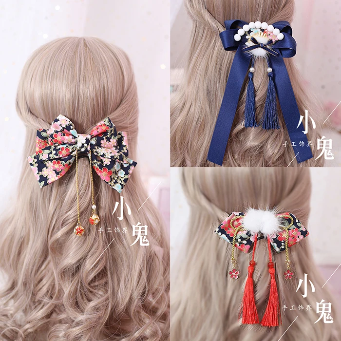 Japanese-style Cherry Blossom Tassels Hair Accessories Headdress Furry Ball Barrettes Hairband Antique | Тематическая одежда и