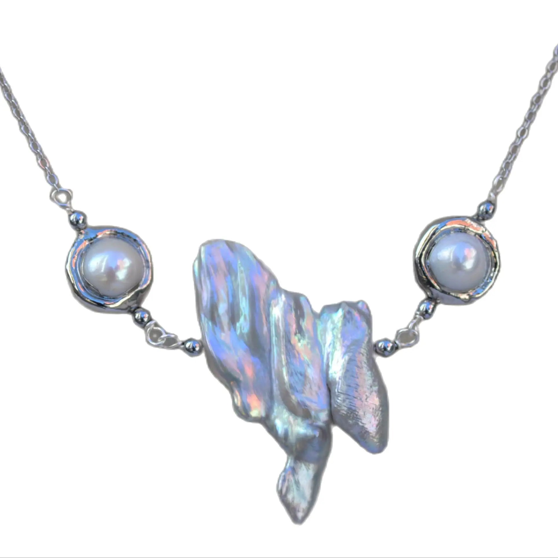 

MCT·STAR Z11592 Big 40mm Gray Baroque Round Pearl Plate Silver Chain Pendant