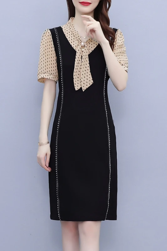 

Plus Size Dress Contrast Vestido De Festa Korean Style Robe Longue Femme Splicing Robe Femme Bow Tie Women's Summer Sundress