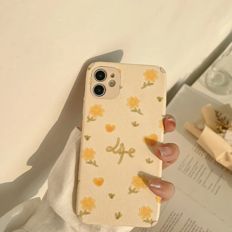 

Leather Painting Yellow Flower Case For iPhone 12 Pro 12 Mini 11 Pro Max SE 2020 7 8 7Plus 8Plus XR X XS MAX