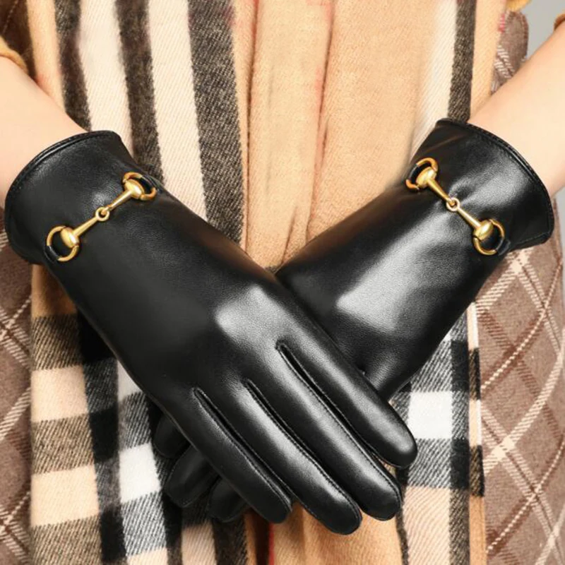 

1Pair Genuine Sheepskin Leather Full Finger Gloves for Women Driving Motorcycle Fashion Leather Gloves with Metal Chain Gifts