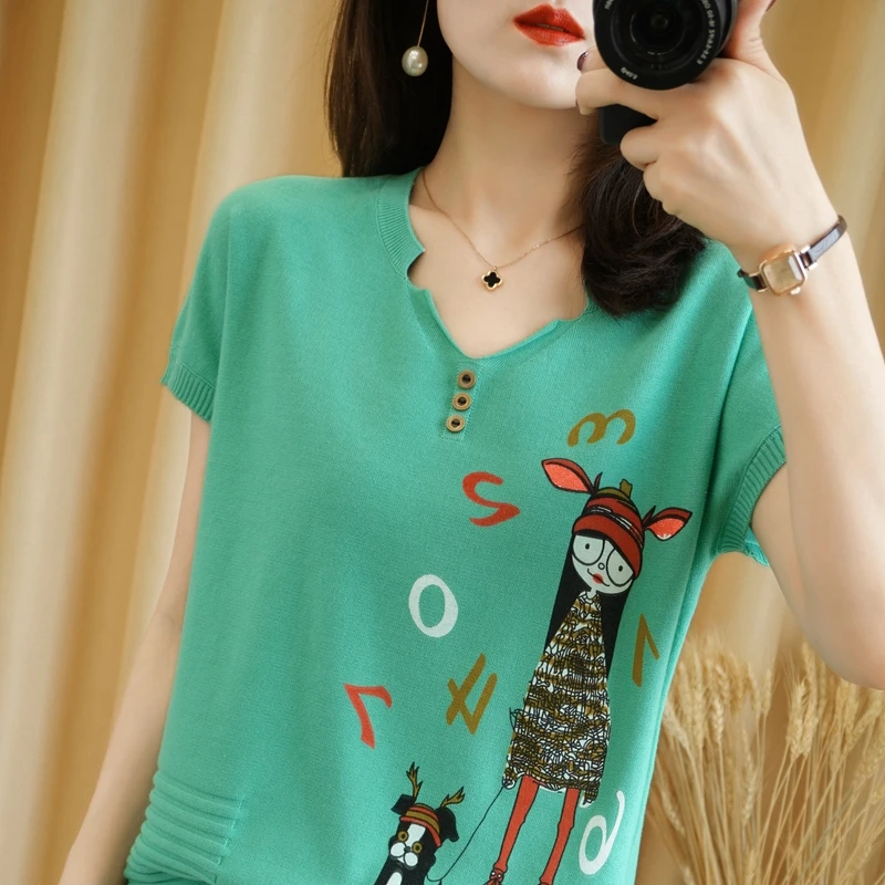 

YuHanRong Thin cotton hemp top V-neck fake pocket T-shirt spring summer new 3D hot print short sleeve loose base shirt