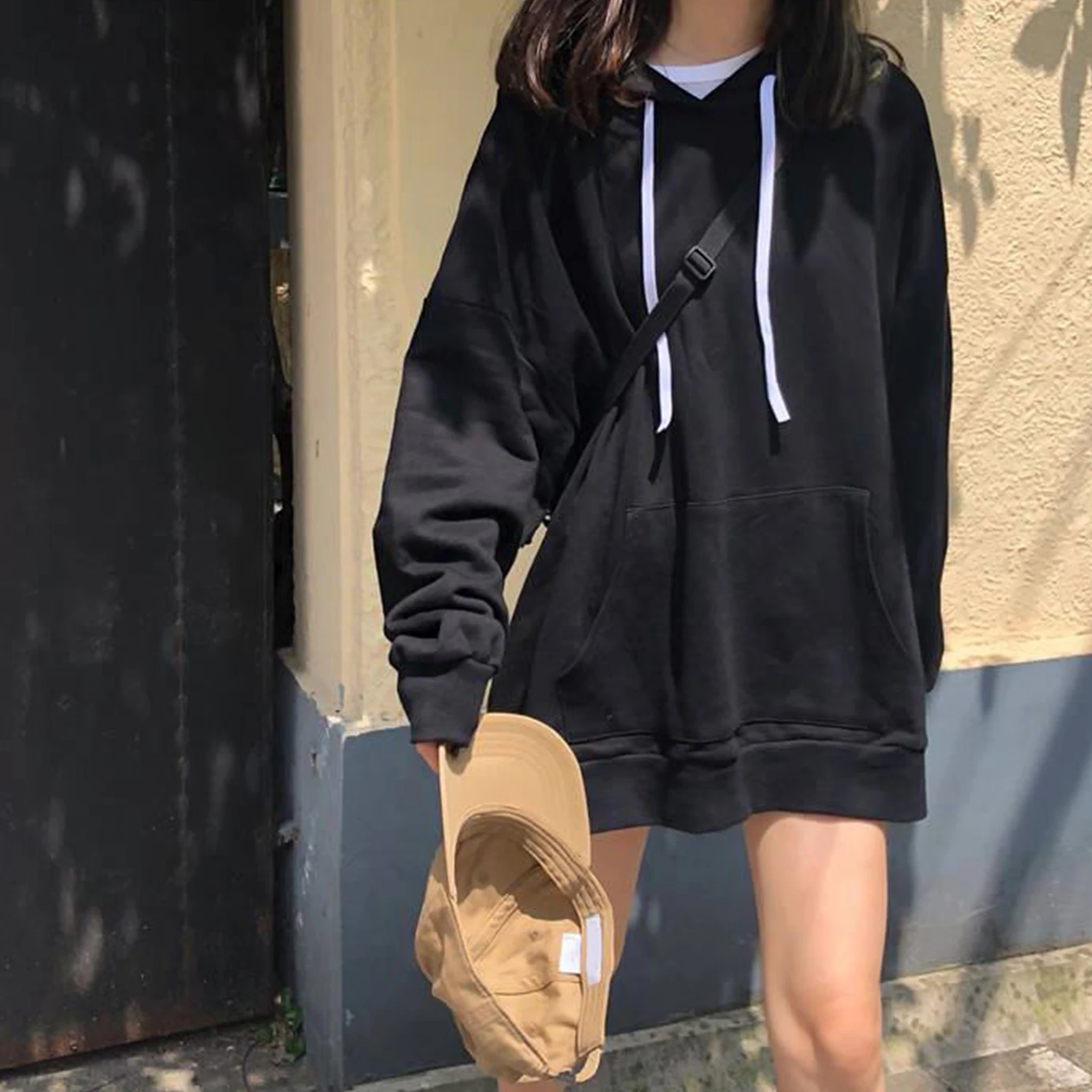 2020 Autumn Women Hoodies Pink White Mid-length Hoodie Pocket Casual Streetwear Long Sleeve Loose Drawstring  Hoodie Sweatshirt