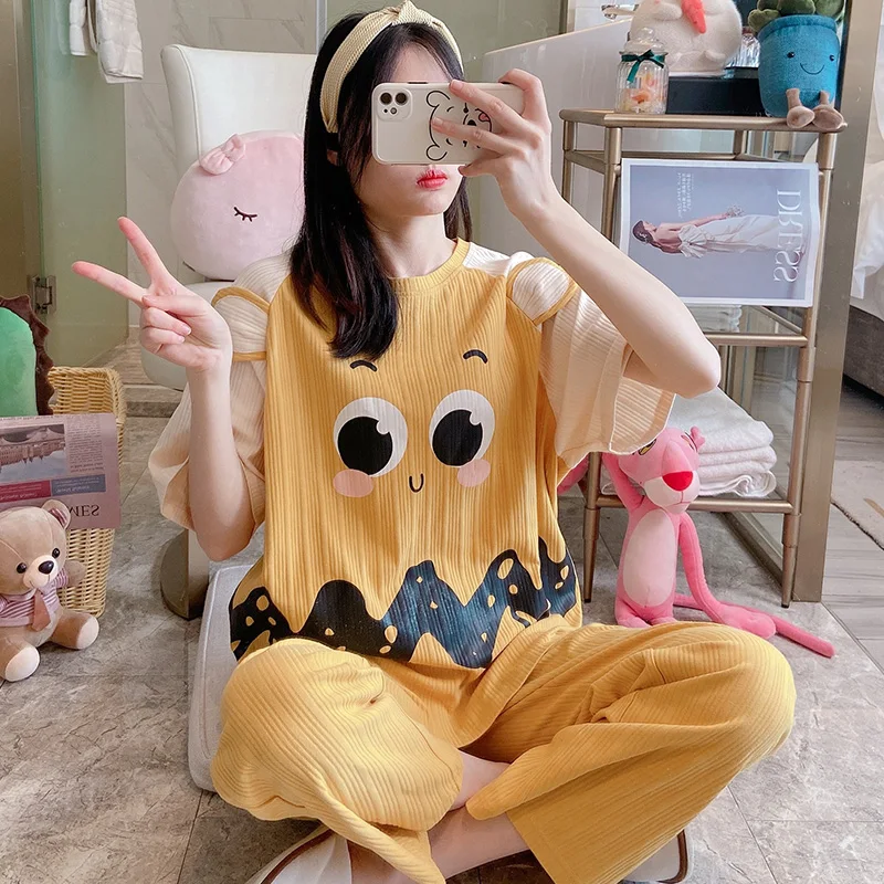 Пижама в виде милых глаз женские брюки с коротким рукавом на весну и осень костюм