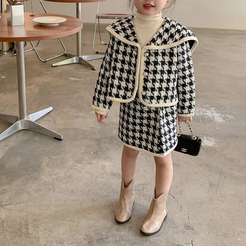 

Fall Girls Clothing Sets Autumn Winter Korean Retro Temperament Plaid Outwear Skirt Sailor Collar Quilted Coats Jacket 2pcs 2-7Y