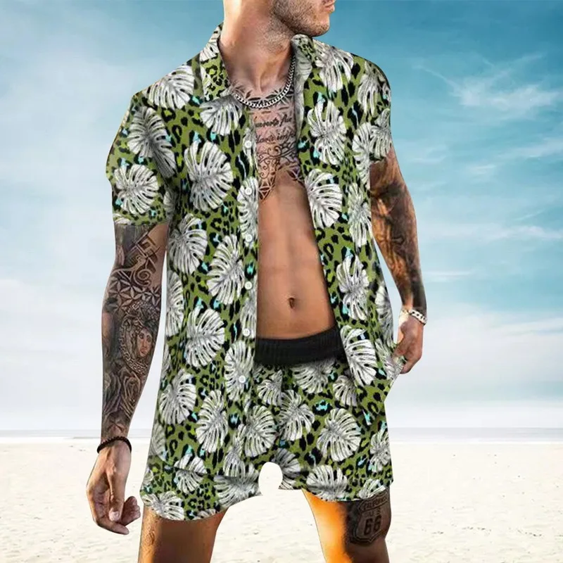 

NEW Men Hawaiian Sets Printing 2021 Summer Short Sleeve Button Shirt Beach Shorts Streetwear Casual Mens Suit 2 Pieces