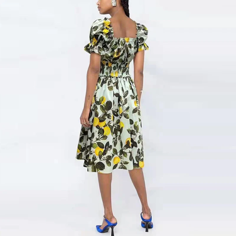 

Cotton Summer 100% Women 2021 Slash Neck Elastic Puff Sleeve Flower Print Elegant Party Holiday Dress