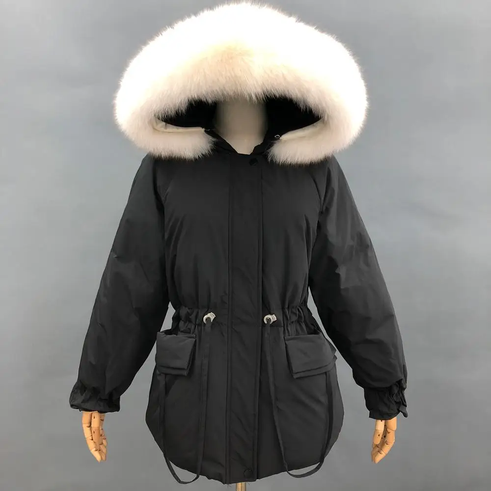 

Janefur Hooded Down Coat Large Fox Fur Collar Winter Women Thick Parka Warm Elastic Zipper Down Jacket Snow Outerwear