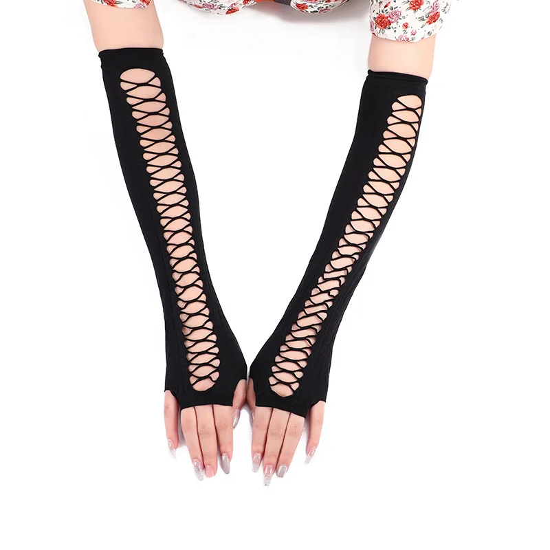 

1 Pair Soft Stretchy Long Arm Hand Warmer Hollow Out Mittens Women Winter Long Fingerless Black Punk Dance Gloves