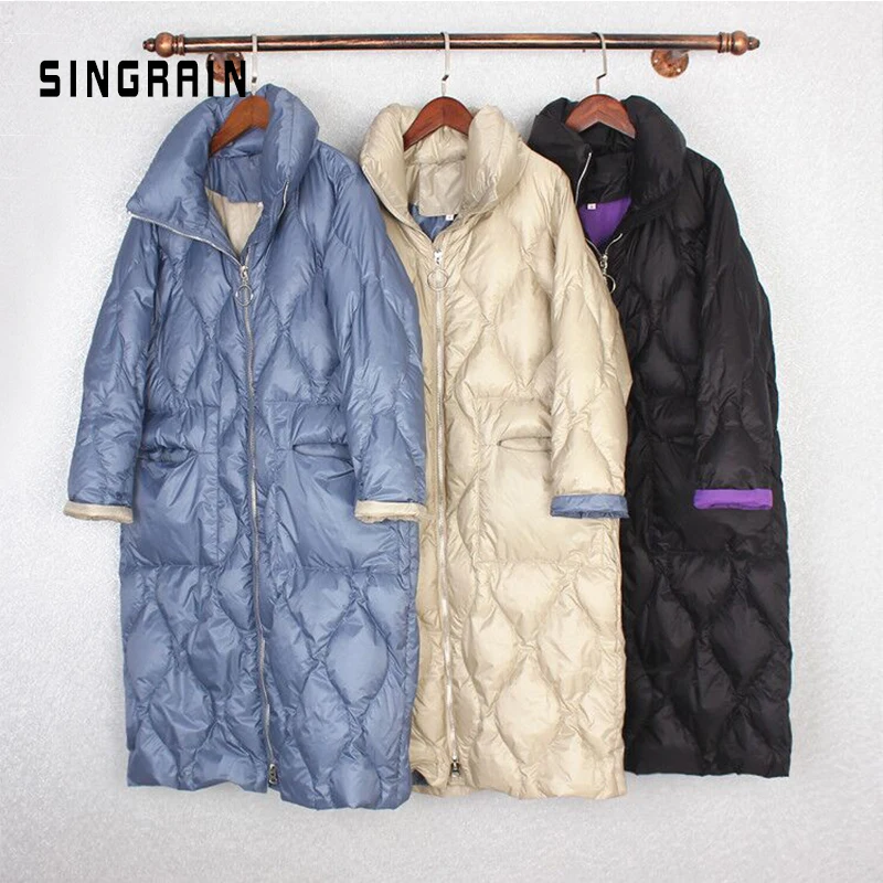 Женский длинный пуховик на утином пуху SINGRAIN оверсайз с воротником стойкой