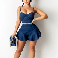 fashion casual sexy suspenders wrapped chest culottes denim two piece suit thin shoulder strap short top and mini skirt suit
