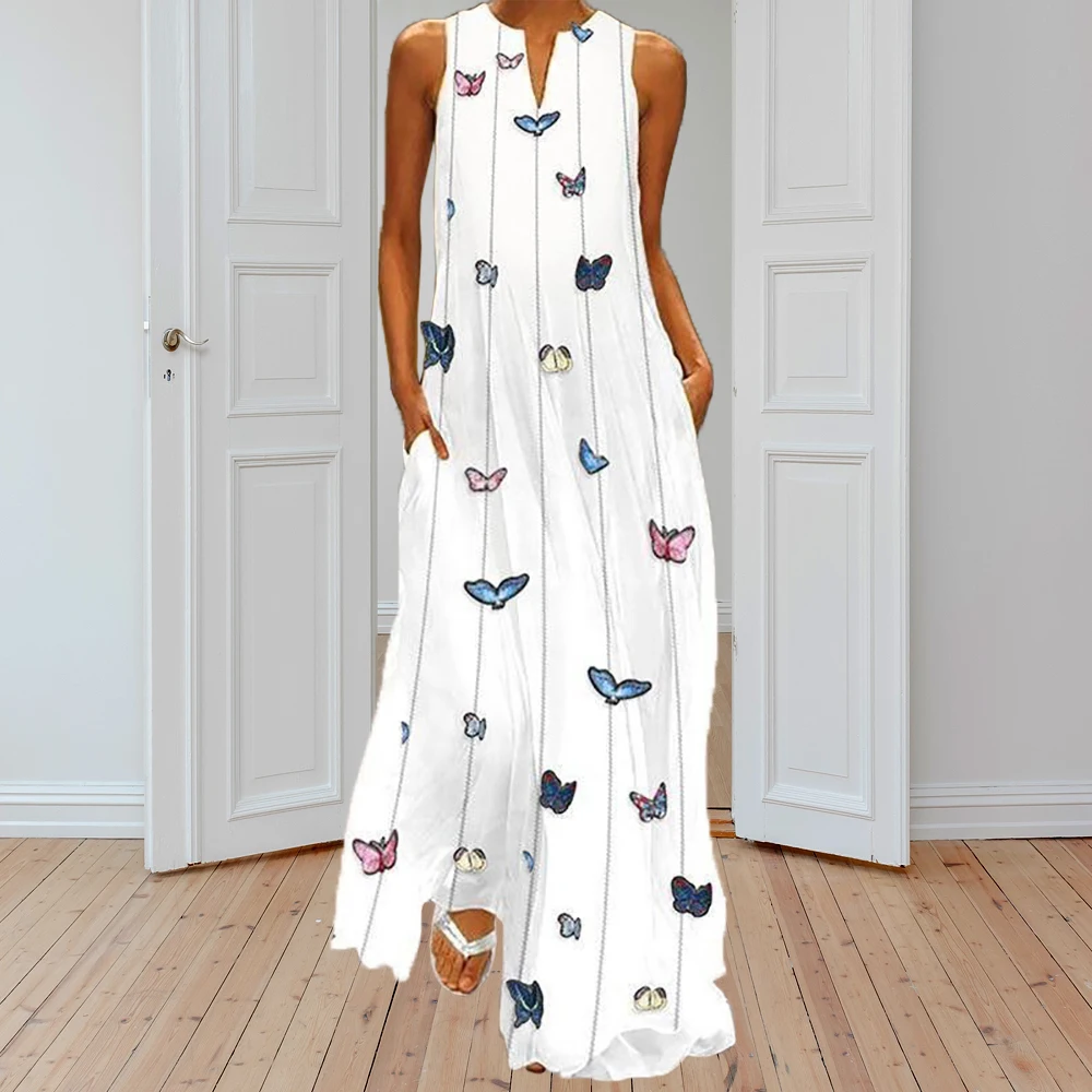 Платье женское длинное в полоску повседневное однотонное модное пляжное прямое