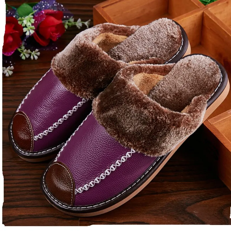 Большие размеры 35 44 мужские теплые зимние домашние тапочки из натуральной кожи