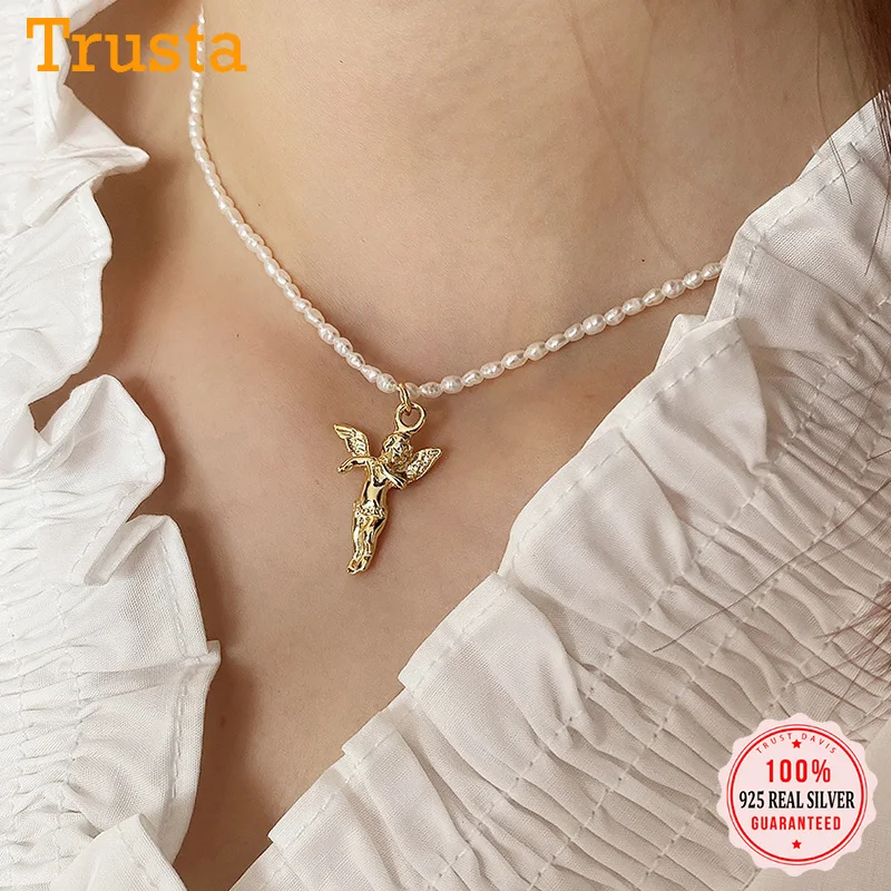 

TrustDavis Luxury 925 Sterling Silver Irregular Pearl Gold Angel Cupid Choker Necklace For Women Wedding Party Jewelry DS1065