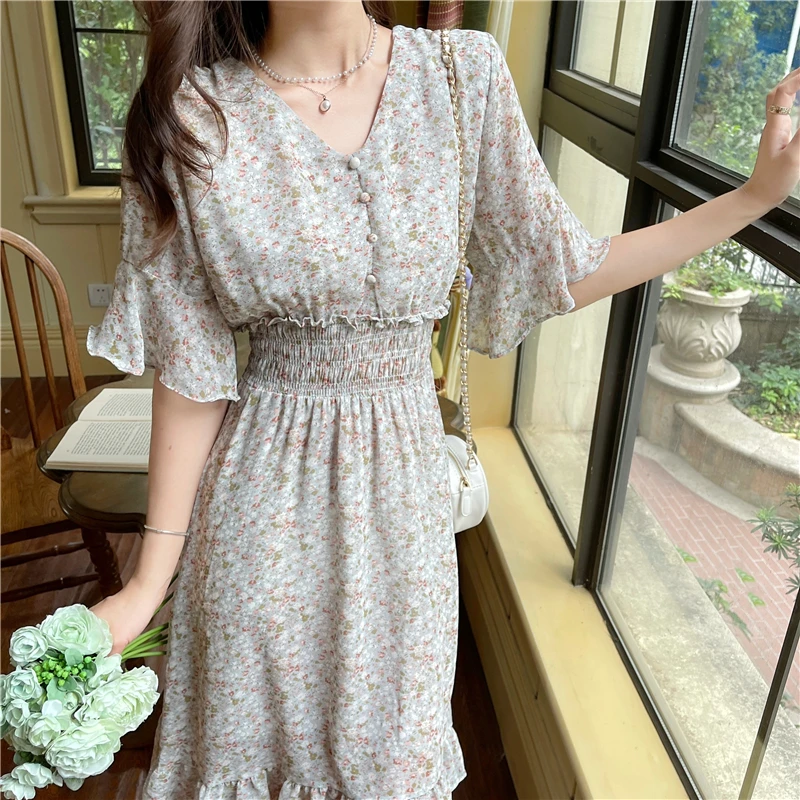 

New Summer Women Long Elegant Chiffon Flower Print Flare Sleeve V-neck Dress YOU309