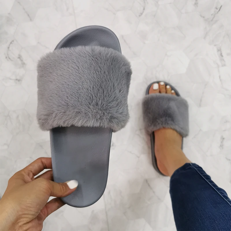 

Fashion One Drop Plush Women Slippers Female Wear-resistant Flat Plush Shoes Fur Slides Woman Indoor Furry Home Slippers