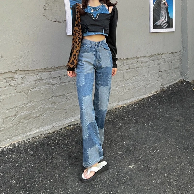 

Plaid Patch Loose High Waist Wide Leg Jeans Women's Design Sense Street Cool High Waist Straight Leg Shorts Aesthetic Fashion