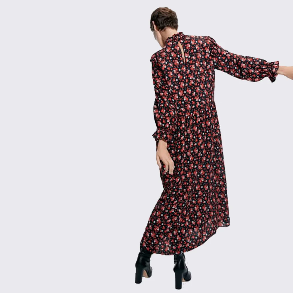 Женское платье с принтом ZA Красное Облегающее Платье Бохо длинными рукавами и