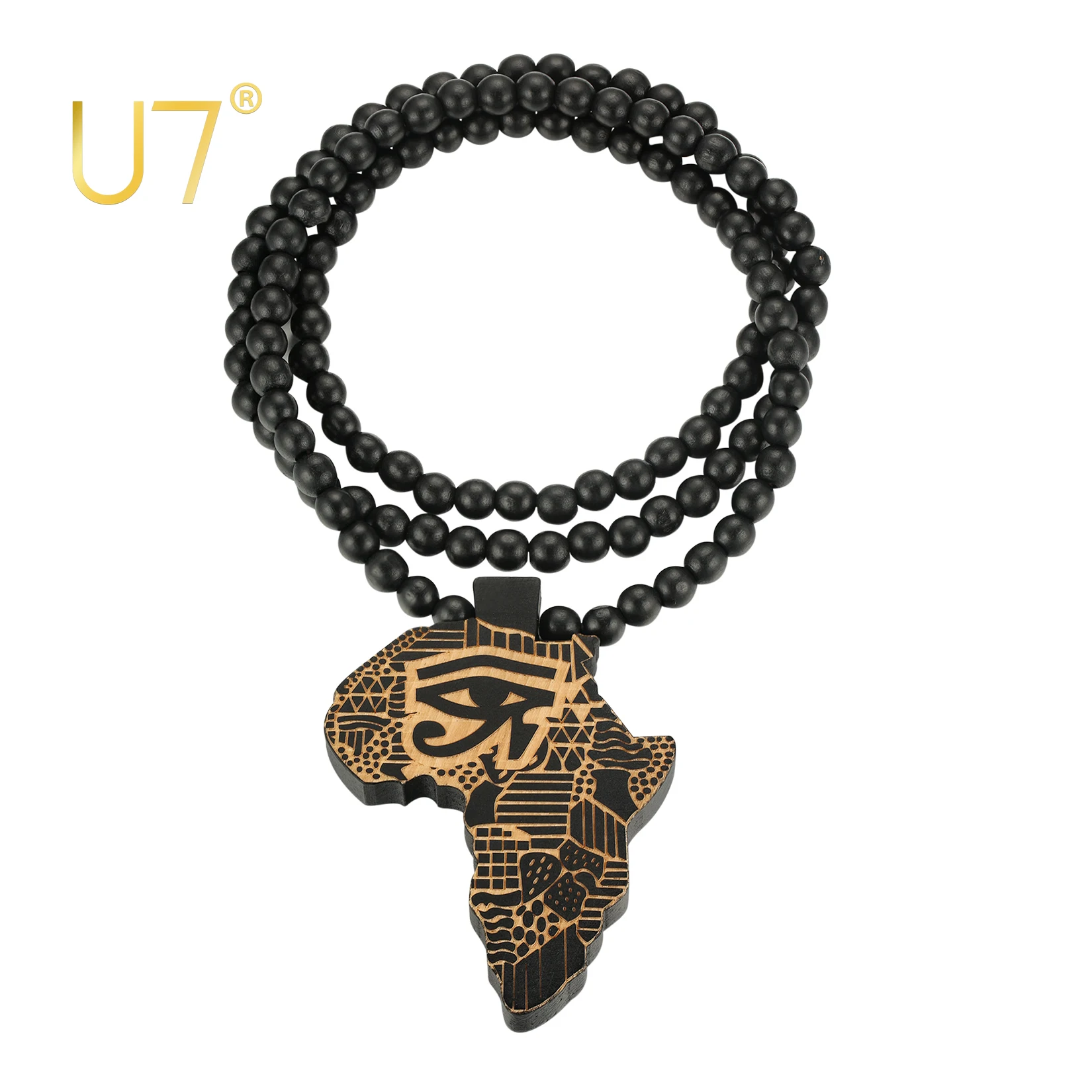 

U7 Egyptian Eye African Map Pendant Necklace Wooden Hip Hop Jewelry 36" Long Bead Chain for Men