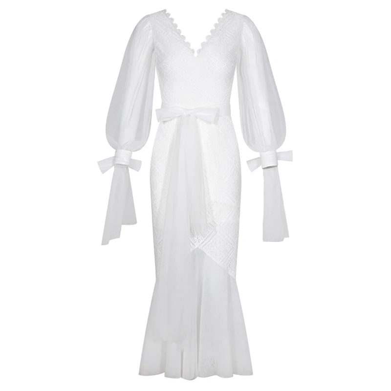 

Кавайная одежда с фестонами с V-образным вырезом и длинным рукавом с поясом длиной до щиколотки белые кружевные свадебные платья макси для ж...