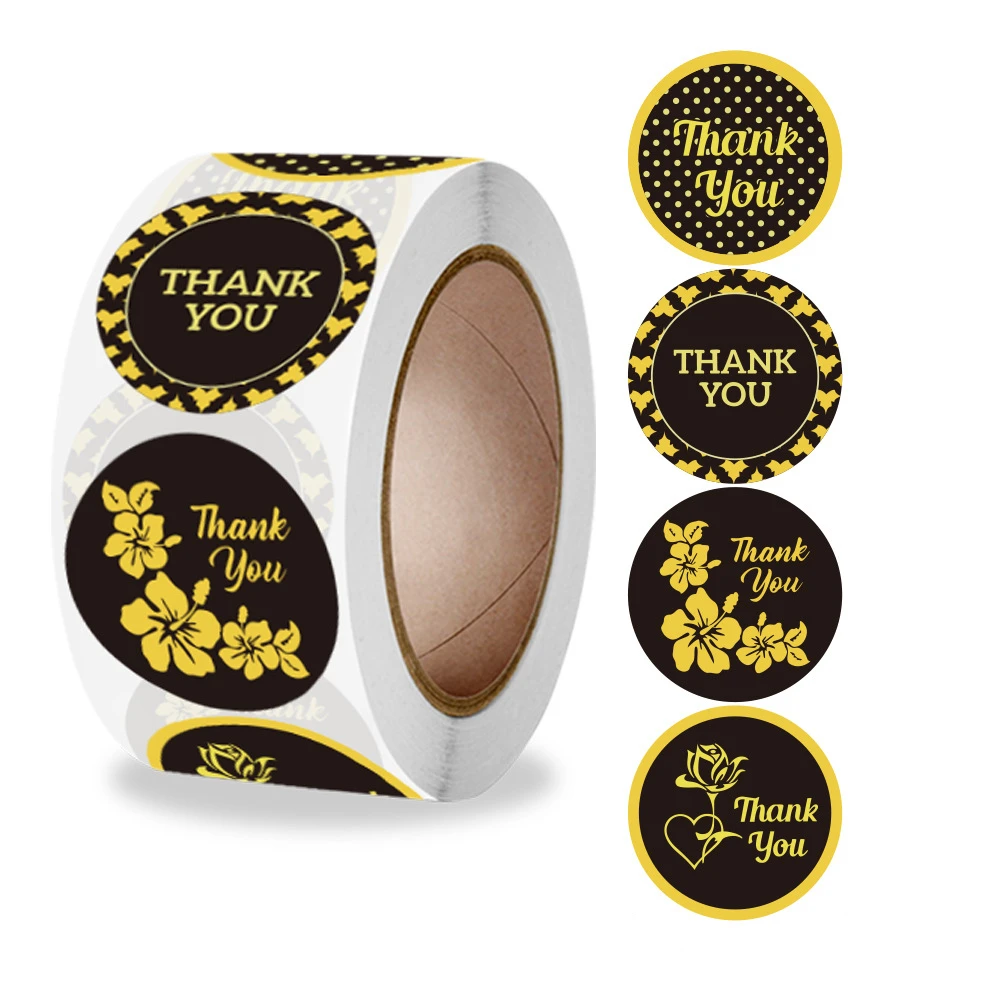 

1Inch 500Pcs/Roll Black Golden Flowers Thank You Stickers Labels for Small Business Gift Bags Card Festival Birthday