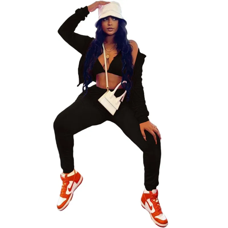 Женский спортивный костюм, Осенний однотонный спортивный костюм из толстовки на молнии и штанов с бюстгальтером, Y2k