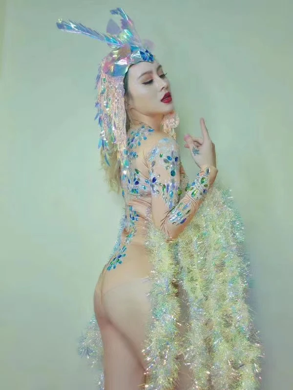 Multi Color Rhinestones Shiny Fringe Sleeve Bodysuit Elastic Crystals Bodysuits Nightclub Women DJ Singer Dancer Stage Costume