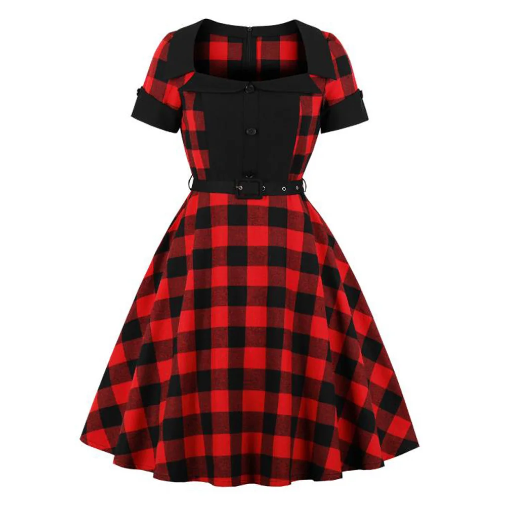 

2021 Spring Summer Vintage 50s Short Sleeve Plaid Dresses Party Women Elegant Cotton Red Gothic Dress Female Vestidos Cortos