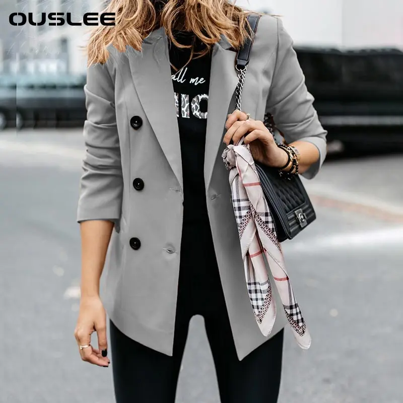 OUSLEE Women Blazer Casual Office Wear Autumn Solid Color Long Sleeved Double Breasted Button Suit Simple Temperament Jacket