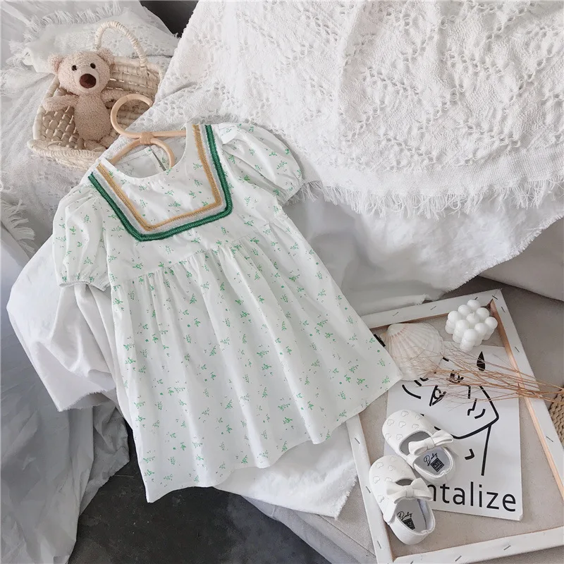 

Летнее платье для девочек, новинка 2021, корейское хлопковое платье принцессы с круглым вырезом, милое ретро платье с коротким рукавом и измел...