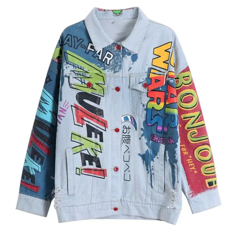 Женская джинсовая куртка с дырками шикарная мультяшным граффити весна