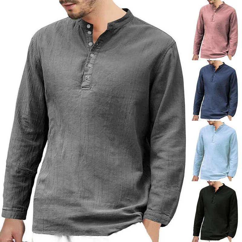 

Men's Shirt Cotton Linen Solid Color Stand Collar Long Sleeve Shirt Smart Casual Male Blouse Plus Size S/M/L/XL/XXL