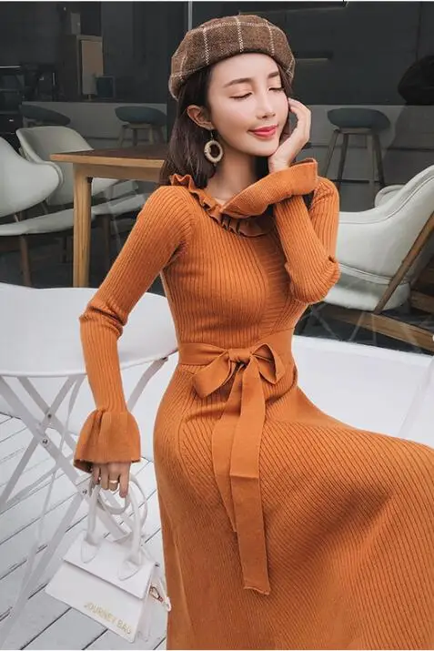 2019 осеннее и зимнее элегантное однотонное длинное платье-свитер для женщин с