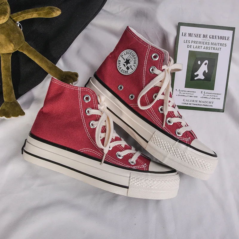 

High-top 4cm Platform Canvas Women Shoes Retro Lace-up Ladies Casual Sneakers Outdoor Breathable Leisure Footwear Real Pictures