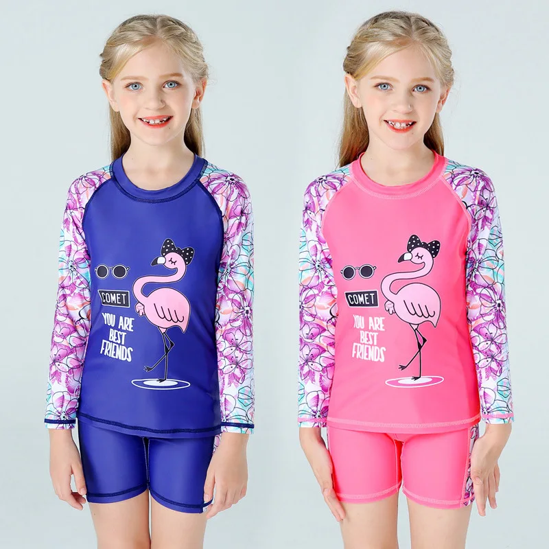 

2021 Summer New Sun Protection Long Sleeve Baby Girl Swimsuit Boxers Quick Dry Bathing Suits 2 Pieces Sweet Cute Girls Swimwear