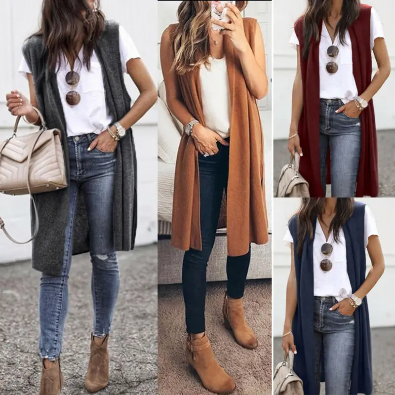 Женская однотонная куртка кимоно без рукавов с карманами спереди|Жилеты и