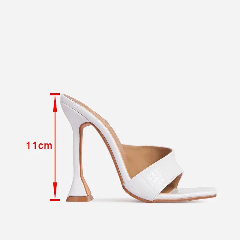 

Female High Heels Slippers PU Square Toe Fretwork Solid Ladies Slides Fashion Mature Outside Plus Size Woman Sandals Summer Sexy