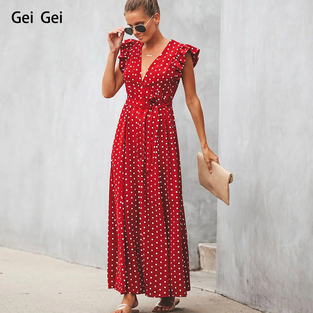 Летнее Новое волнистое платье в горошек женские длинные платья с коротким