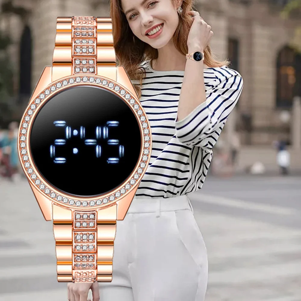 

Luxury Digital Magnet Watches For Women Rose Gold Stainless Steel Dress LED Quartz Watch Female Clock Relogio Feminino Drop Ship