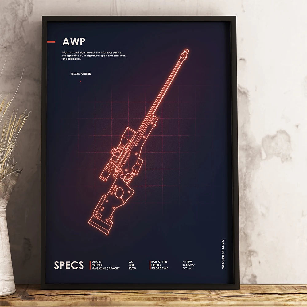 Игровой плакат Cs Go Counter Strike неоновое оружие AWP снайперский пистолет