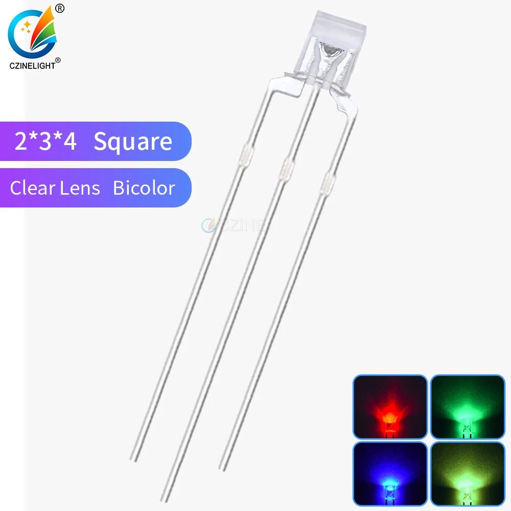 1000pcs/bag Czinelight Clear Lens 3pin 2*3*4 Square Red Blue Green Bicolor Emitting Led Diode Common Anode