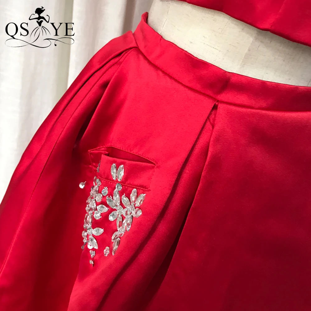 

QSYYE Red Satin Homecoming Dresses Two Pieces Short Prom Gown Spaghetti Straps Girl Lady Beadings Pockets Cocktail Party Gown